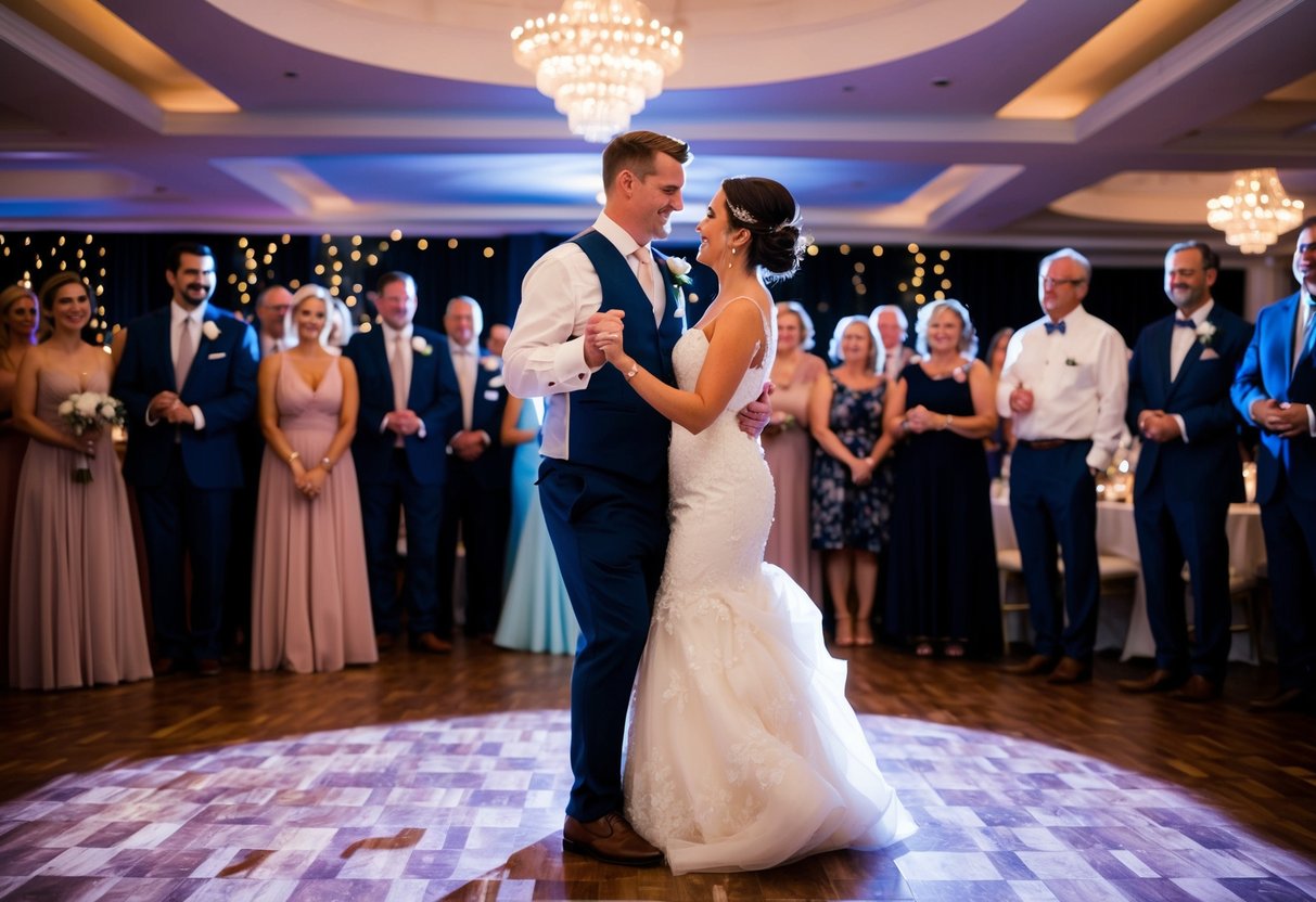 The bride and groom stand in the center of the dance floor, surrounded by twinkling lights and elegant decor. The evening guests watch as they share their first dance as a married couple