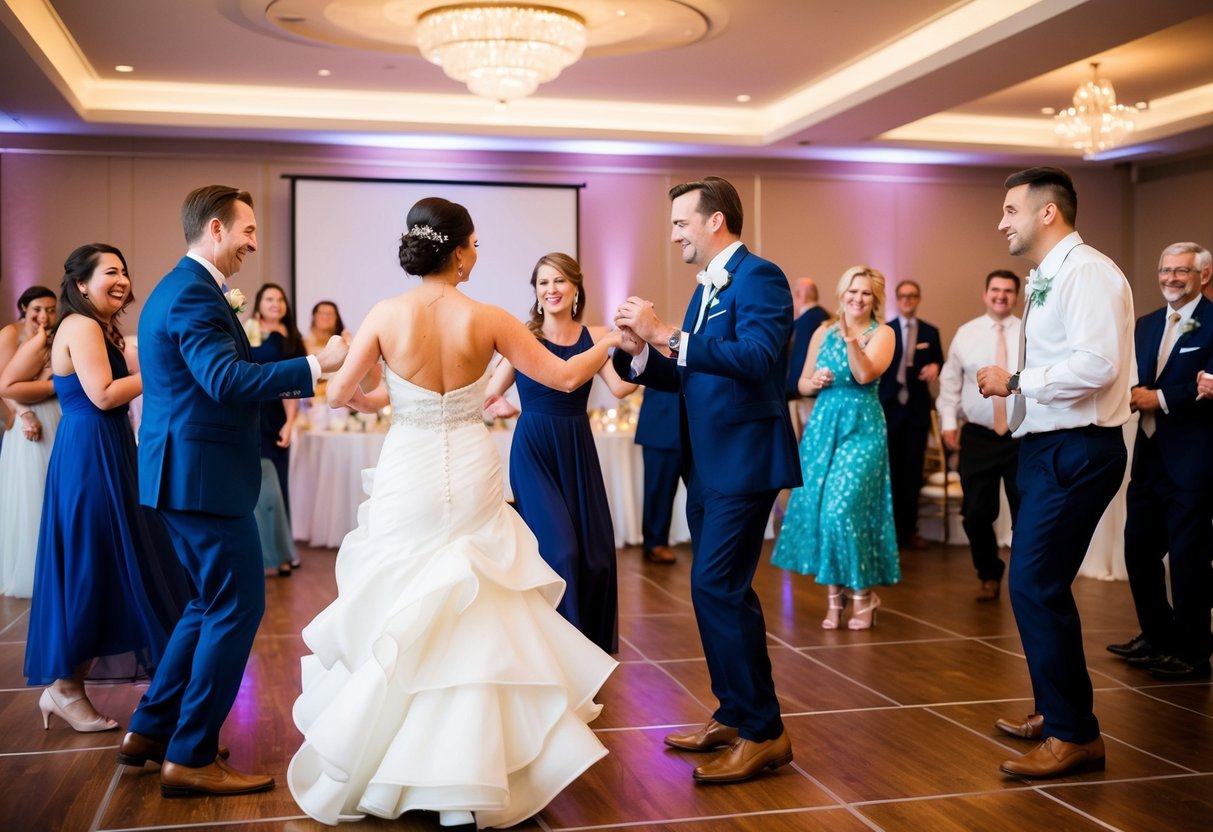 A group of people on a dance floor at a wedding, some dancing and others chatting and watching from the sidelines