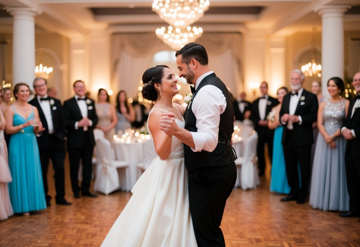 The couple dances alone in a softly lit ballroom, surrounded by twinkling lights and elegant decor. The evening guests look on, their faces filled with joy and admiration