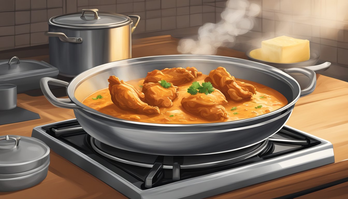 A steaming bowl of butter chicken sits on a stove, with a gentle heat preserving its creamy texture