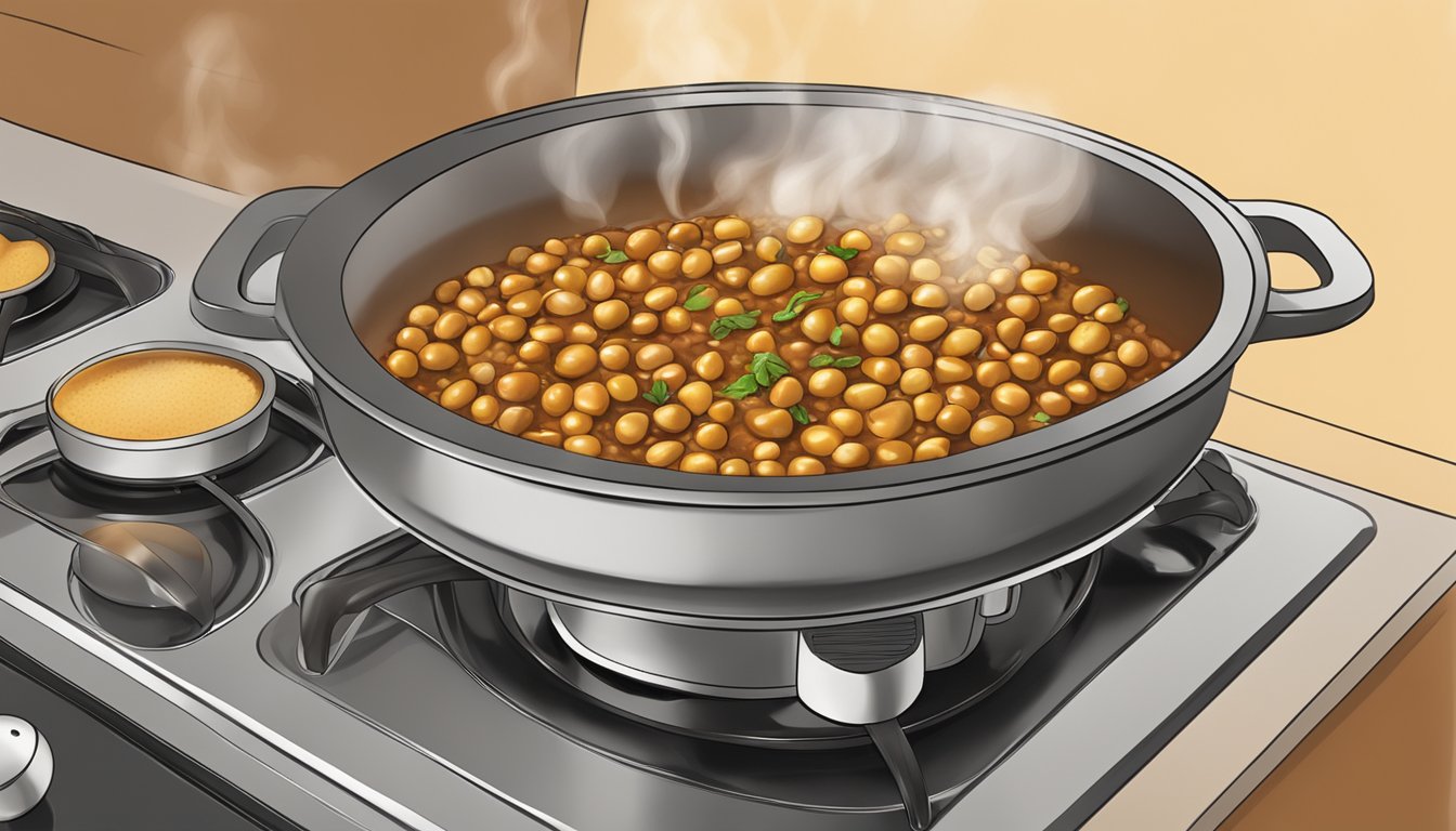 A steaming bowl of chana masala being gently reheated on a stovetop, with aromatic spices wafting through the air