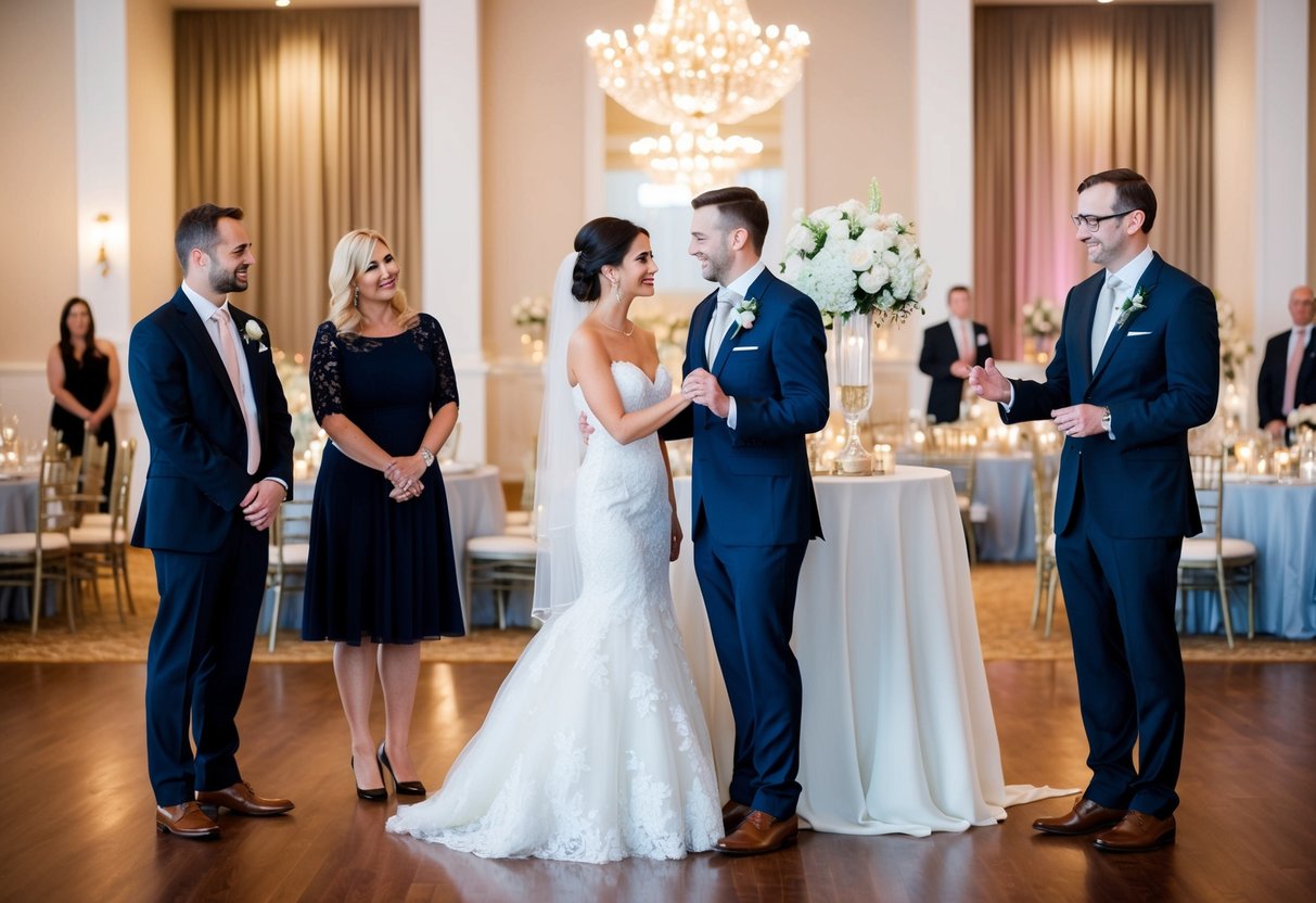 A bride and groom stand between their wedding planner and venue manager, discussing the timing of their first dance in a beautifully decorated reception hall