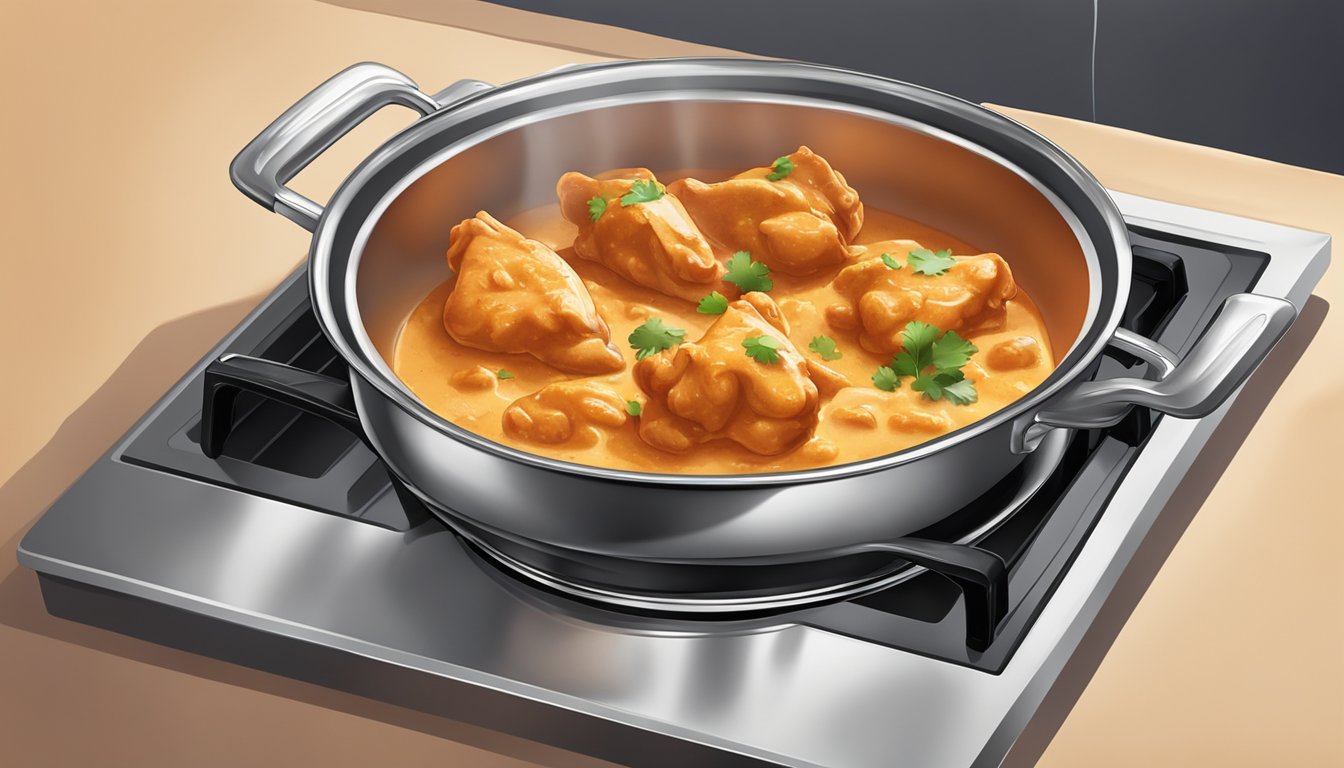 A pot of Indian butter chicken being gently reheated on a stovetop, with a creamy and smooth texture preserved