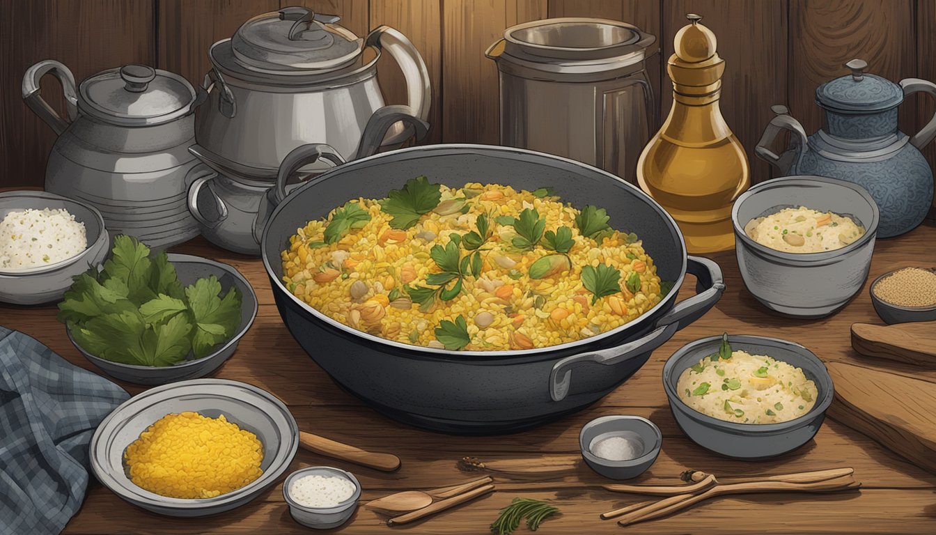 A steaming bowl of kedgeree sits on a rustic table, surrounded by vintage cookware and spices, evoking a historical culinary setting