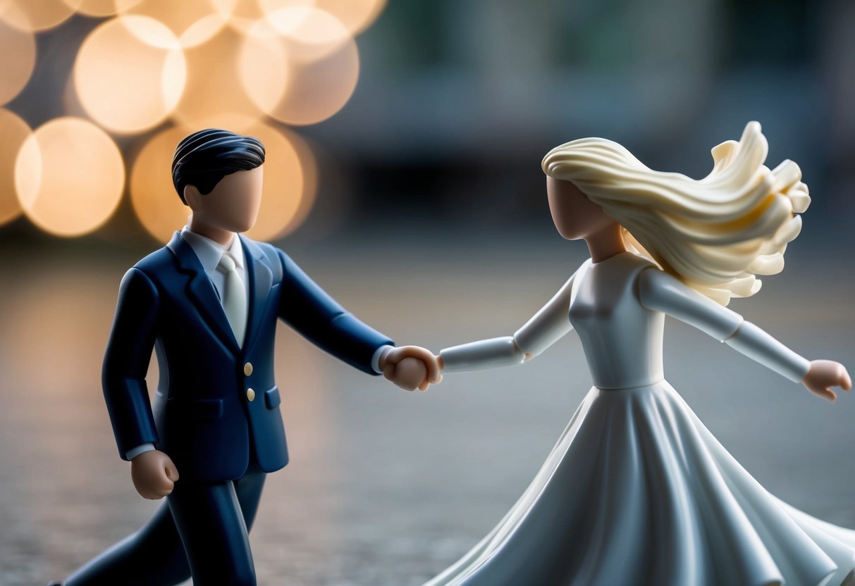 A figure in a formal outfit holds the hand of another figure in a flowing dress, both figures appear to be in motion