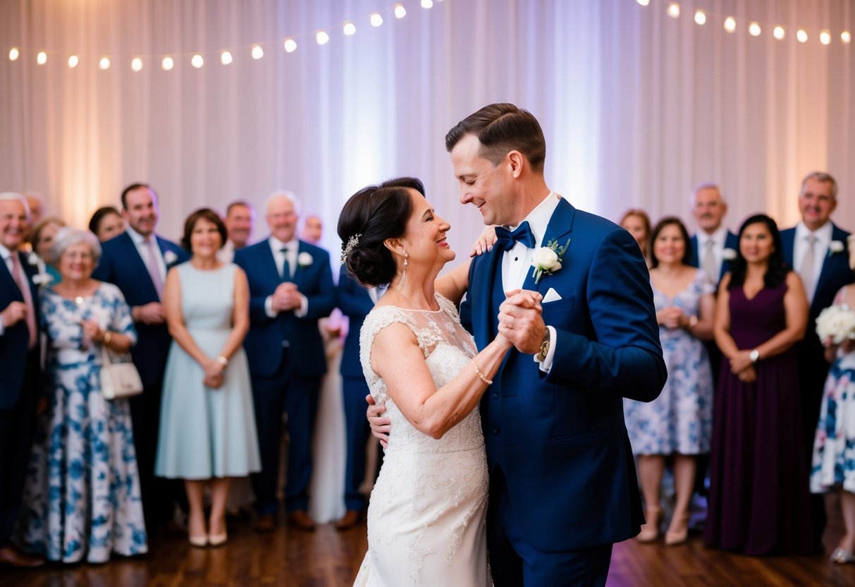 A groom and mother dance, surrounded by guests, with soft lighting and a romantic atmosphere