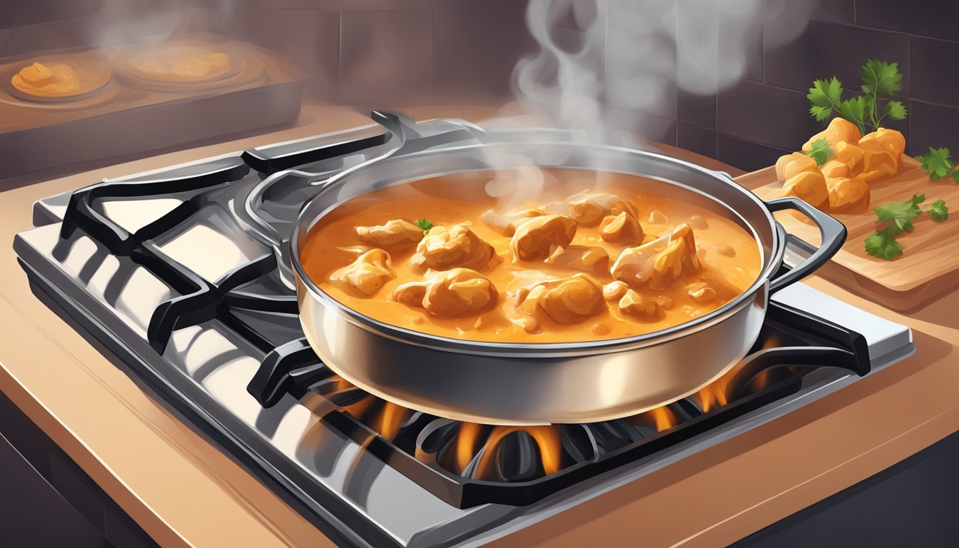 A simmering pot of Indian butter chicken being gently reheated on a stovetop, with a rich and creamy sauce swirling around tender pieces of chicken