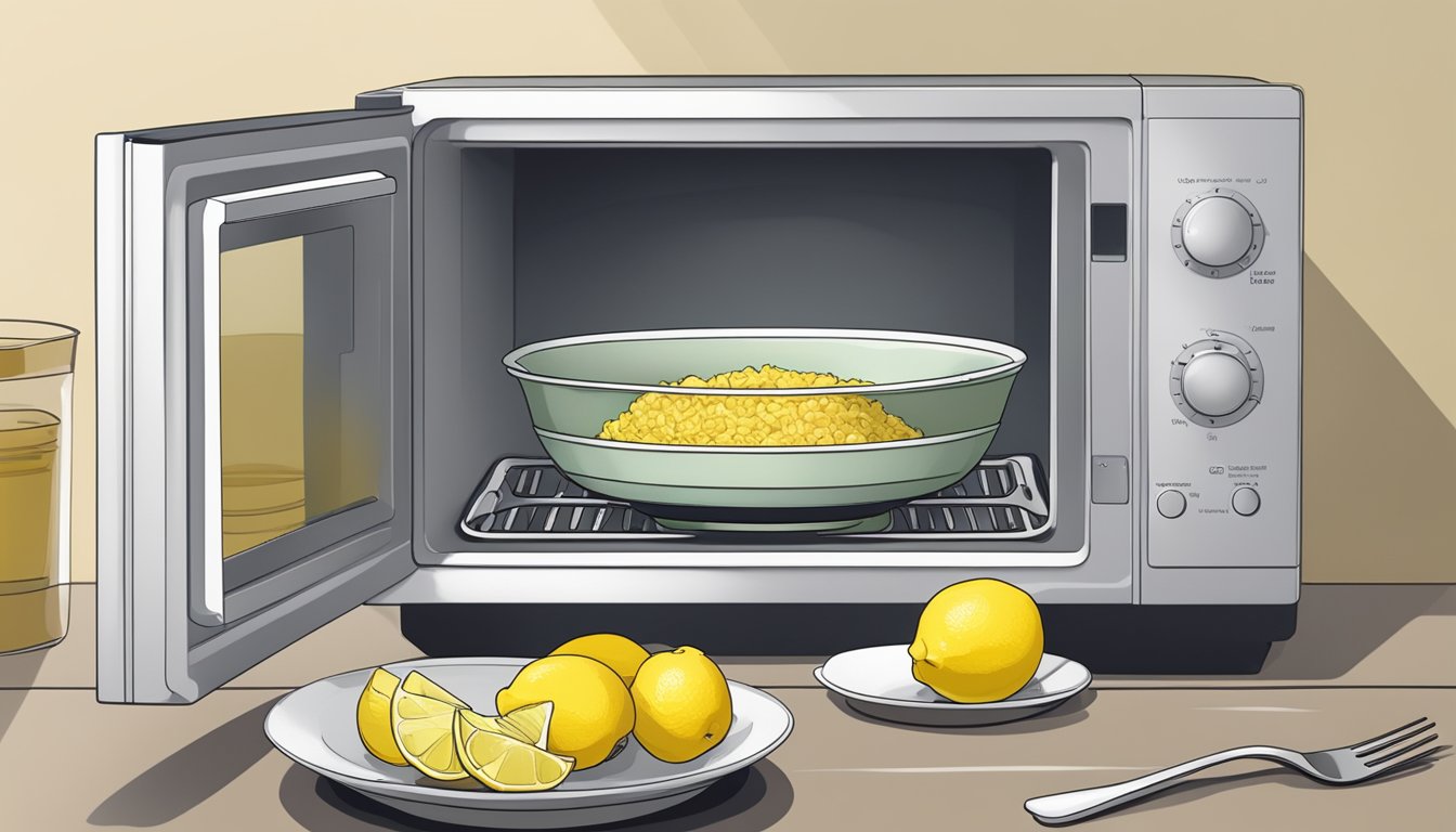 A steaming bowl of kedgeree being reheated in a microwave, with a fork resting on the side and a small dish of lemon wedges nearby