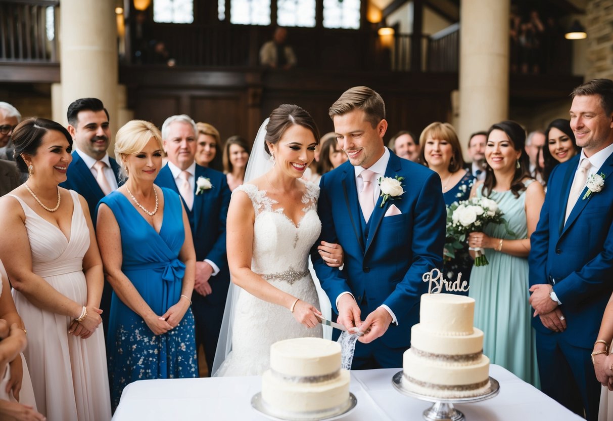 The bride and groom stand together as the cake is brought out, surrounded by guests eagerly waiting to witness the ceremonial cutting