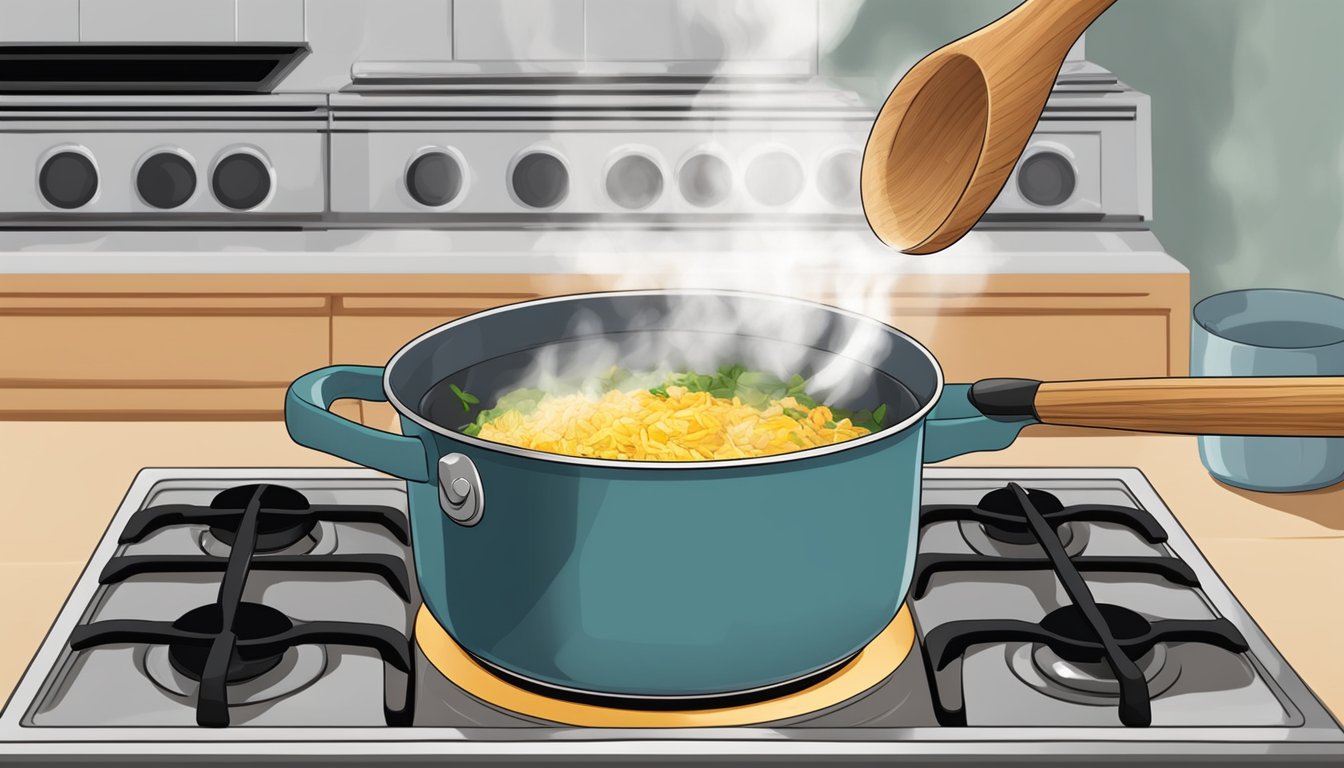 A steaming pot of kedgeree being gently reheated on a stovetop, with a wooden spoon stirring the fragrant mixture