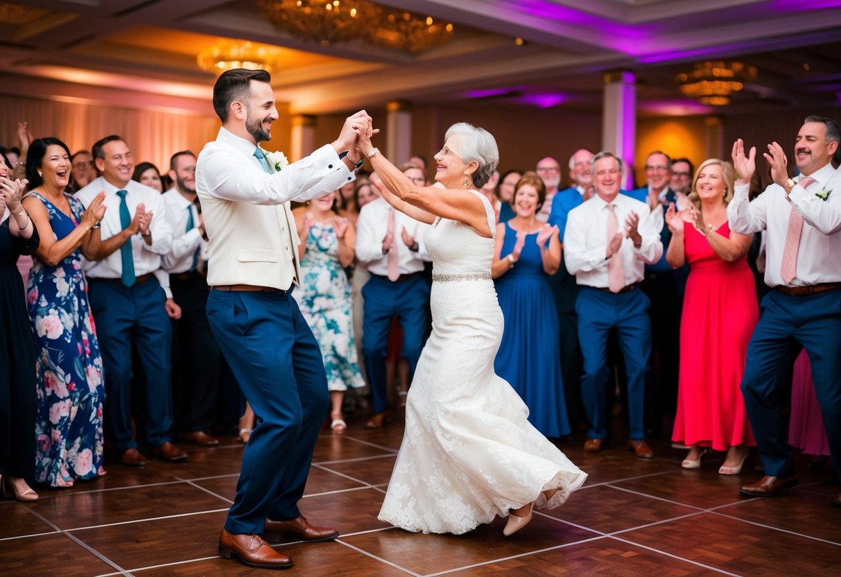The groom and mother dance in the center of the crowded dance floor, surrounded by joyful guests clapping and cheering