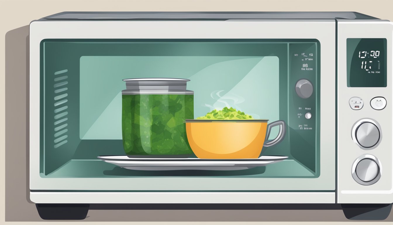 A microwave with a bowl of palak paneer inside, a spoon, and a timer set for reheating