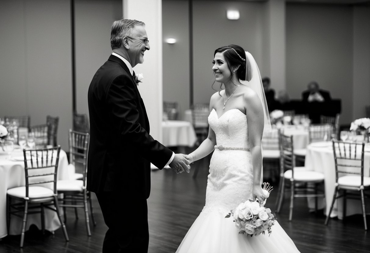 A bride and her father stand on the dance floor, surrounded by empty chairs and tables. The father looks at his daughter with a smile, while she holds his hand, looking content