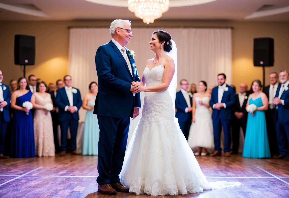 A bride and her father stand apart, smiling at each other. The dance floor is empty, surrounded by wedding guests