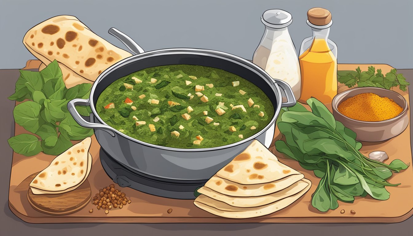 A steaming pot of palak paneer sits on a stove, surrounded by vibrant spices, fresh herbs, and a stack of warm naan bread