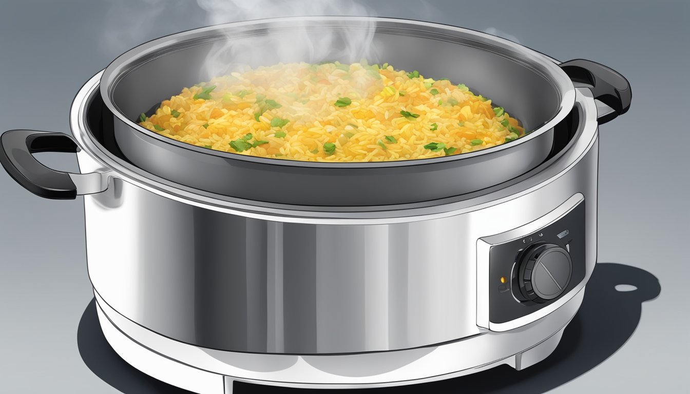 A steaming bowl of kedgeree being gently reheated on a stovetop, with a lid covering the pan to lock in the flavors