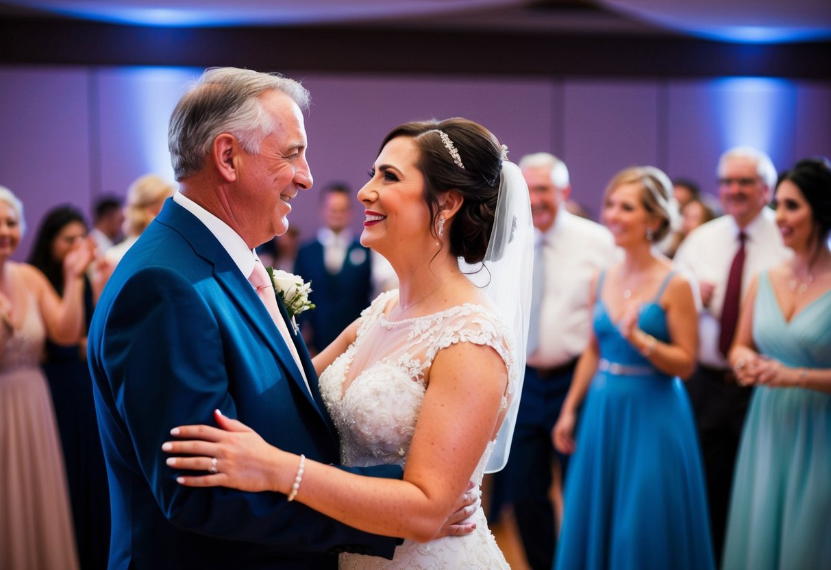 A bride and her father stand on the dance floor, surrounded by guests. The father looks at his daughter with a smile, while she looks back with a mix of emotions