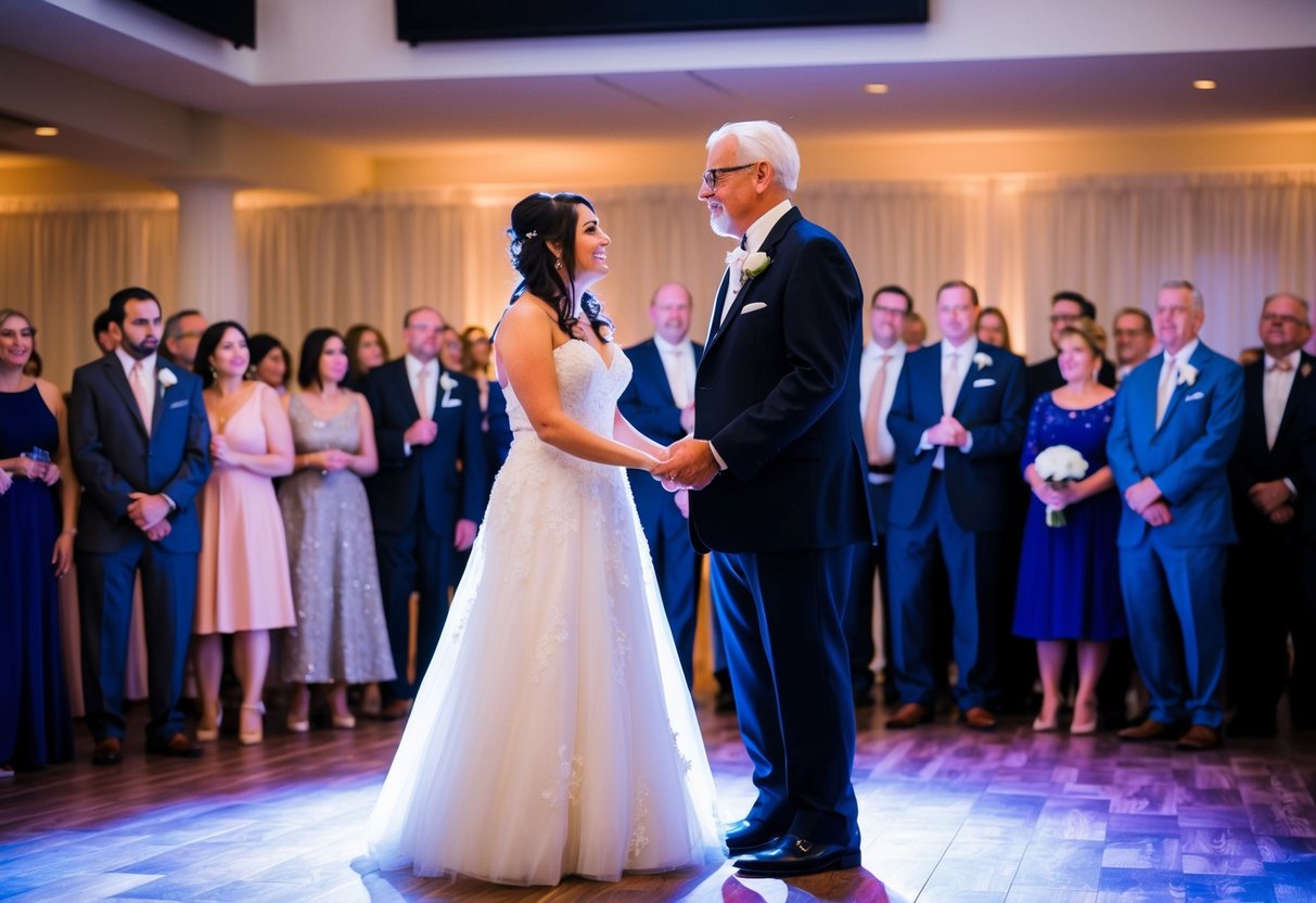 A bride and her father stand on opposite sides of a dance floor, looking at each other with mixed emotions as guests watch expectantly
