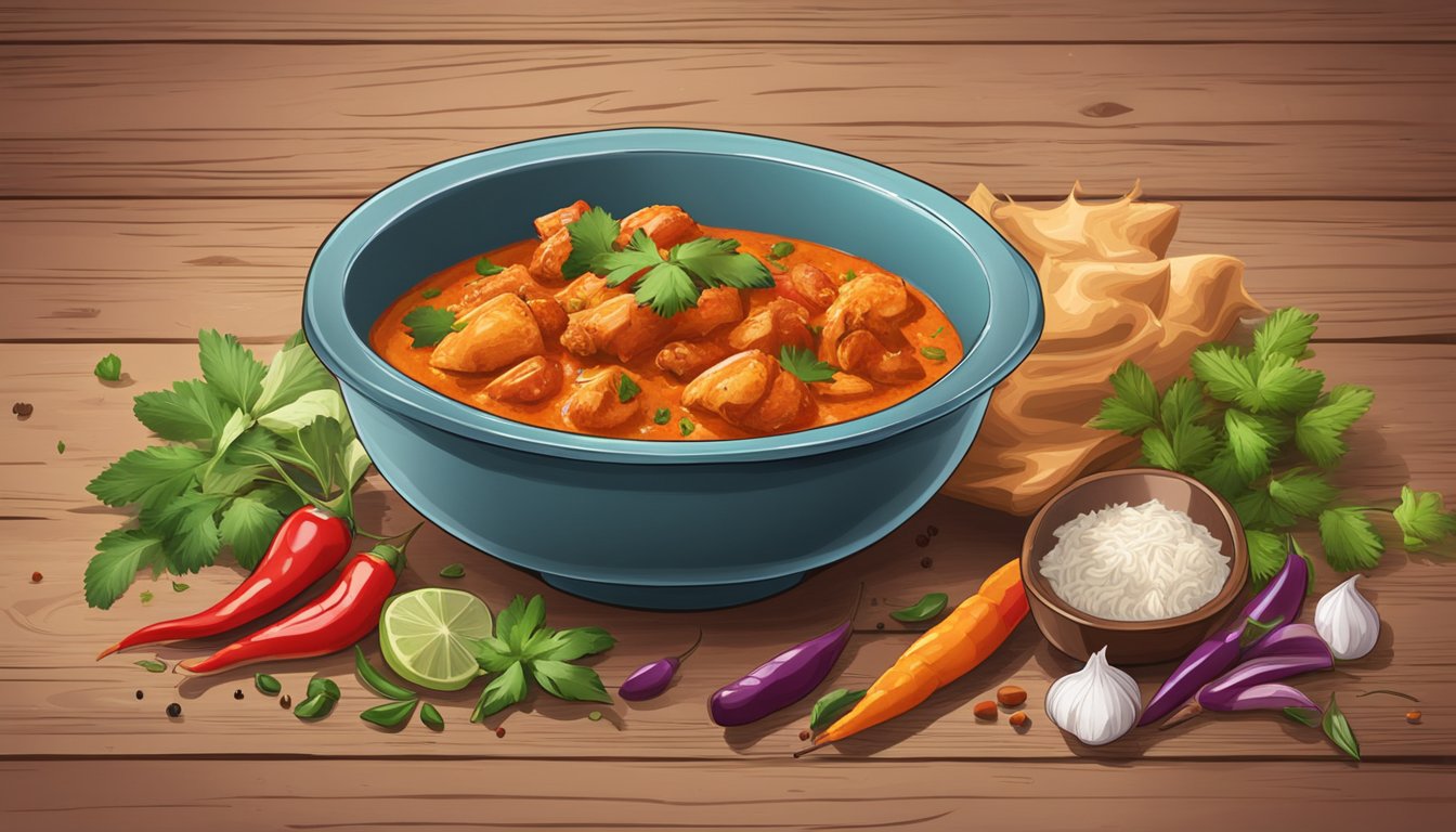 A steaming bowl of chicken tikka masala sits on a rustic wooden table, surrounded by vibrant spices and fresh herbs