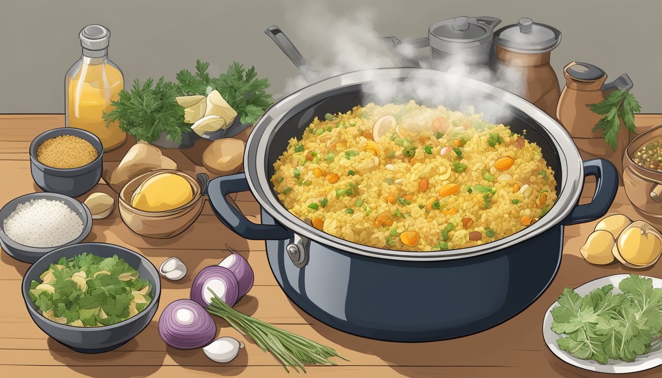 A steaming pot of prepared kedgeree sits on a stovetop, surrounded by fresh ingredients and spices