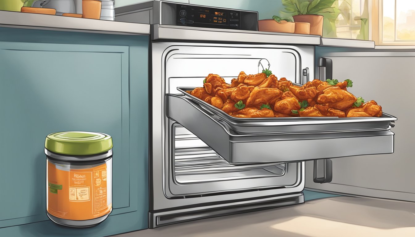 A kitchen scene with a container of chicken tikka masala being stored in a refrigerator and then being reheated on a stovetop