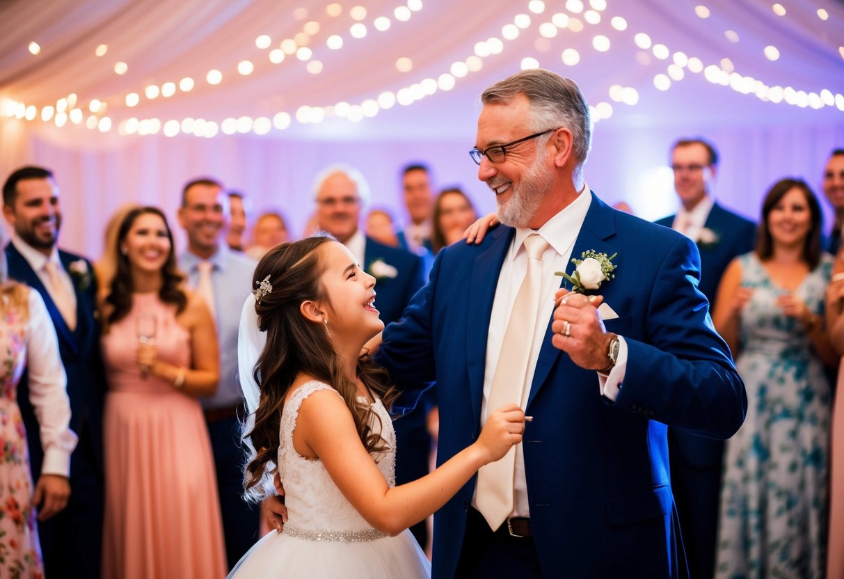 A father and daughter dance joyfully at a wedding, surrounded by smiling guests and twinkling lights