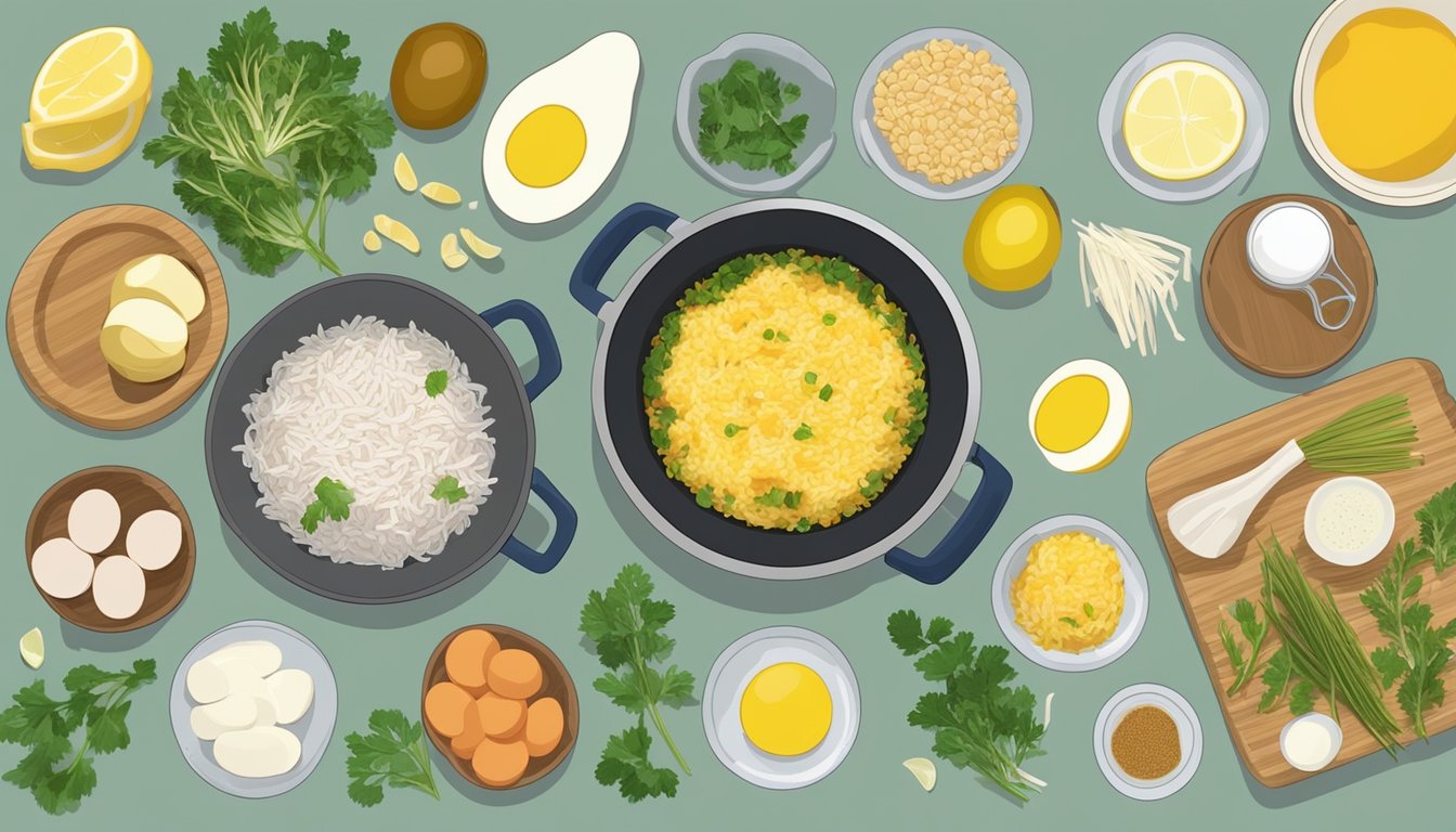 A steaming pot of kedgeree with various alternative ingredients and substitutions laid out on a kitchen counter