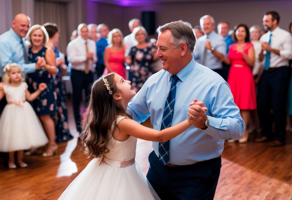 A father and daughter stand on a dance floor, surrounded by family and friends. The daughter looks up at her father with a smile as they dance together, creating a heartwarming and memorable moment