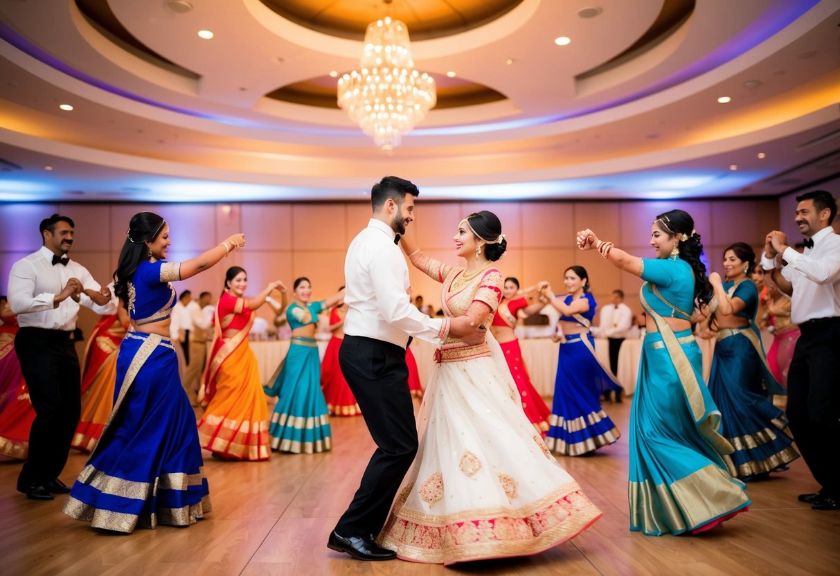 A bride and groom dance in the center, surrounded by couples performing traditional wedding dances in a circle
