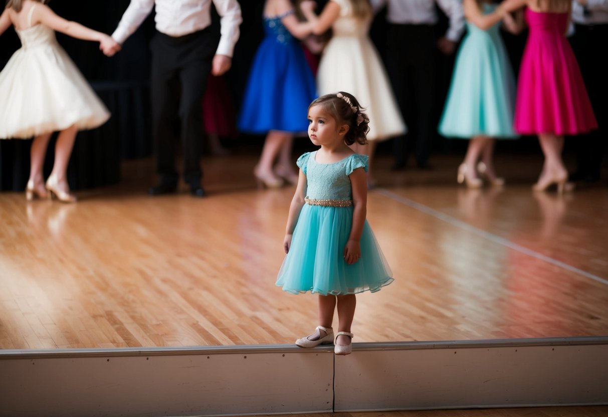 A young girl stands alone on the edge of a dance floor, watching as other pairs twirl and sway together