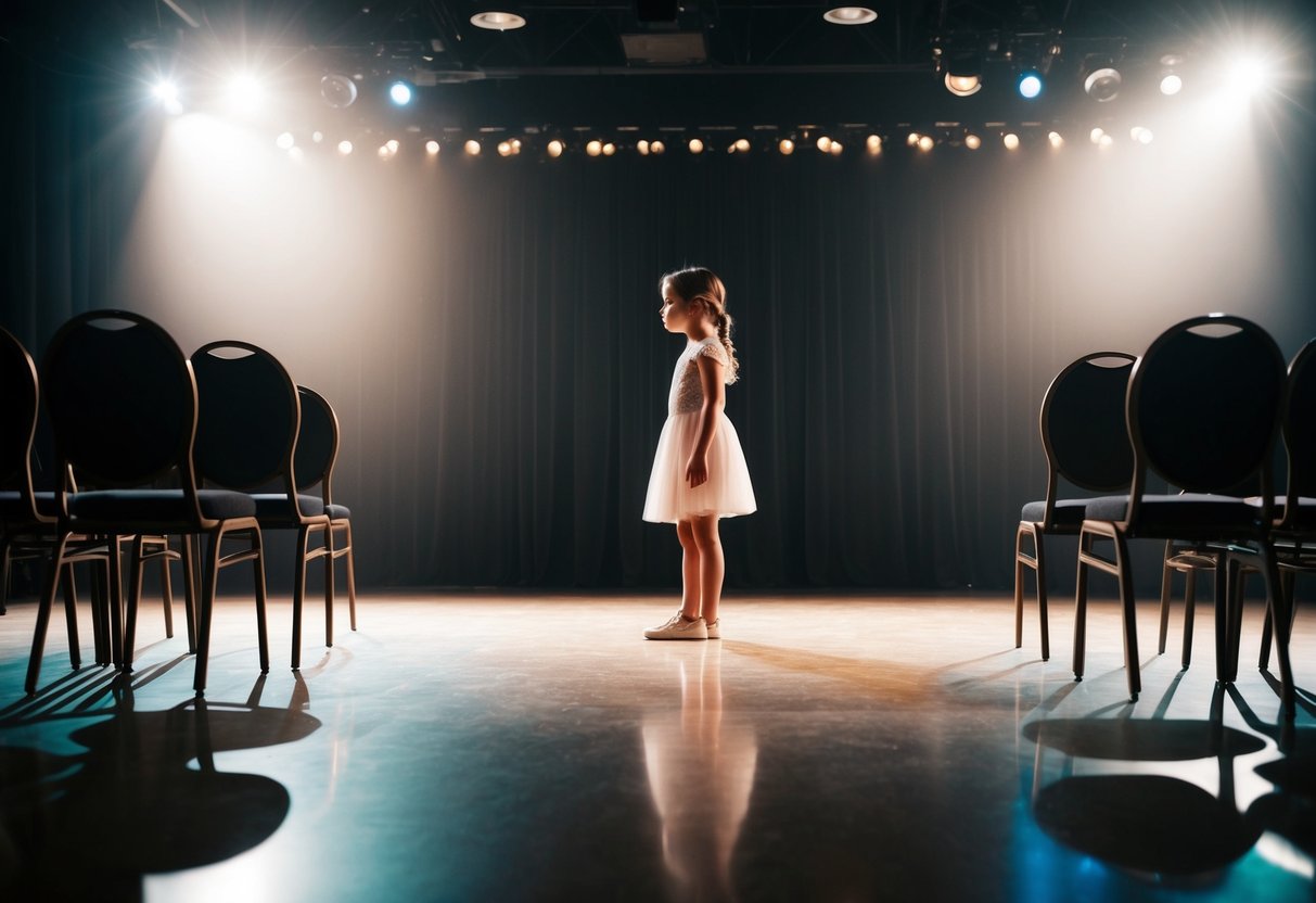 A young girl stands alone on a dimly lit dance floor, surrounded by empty chairs, looking expectantly towards the stage