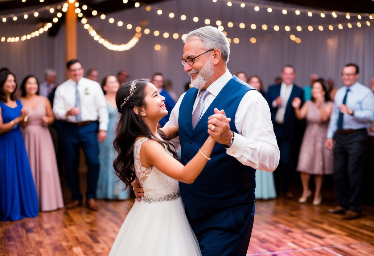 A father and daughter stand on a dance floor, surrounded by twinkling lights and joyful guests. The daughter's eyes shine with love and gratitude as she dances with her father, honoring tradition and celebrating their bond