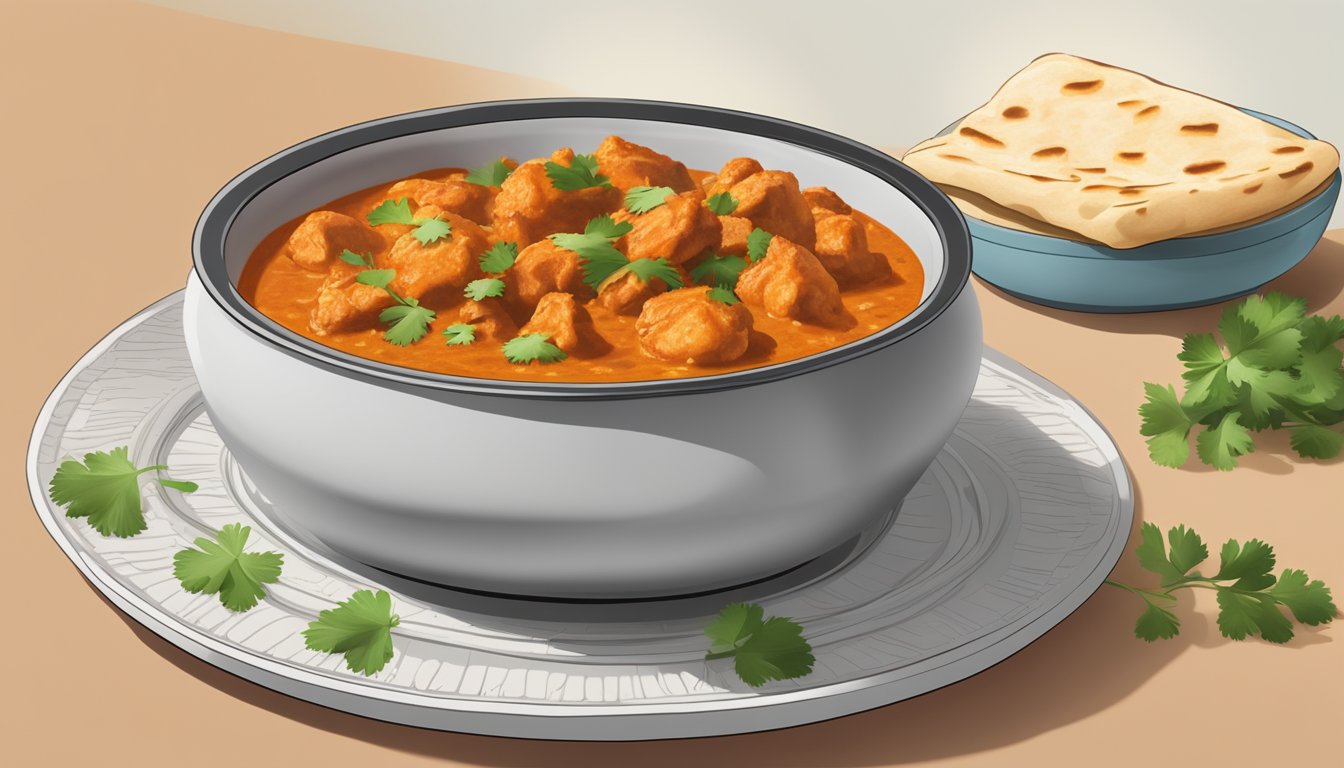 A steaming bowl of chicken tikka masala being reheated in a microwave, with a side of warm naan bread and a garnish of fresh cilantro