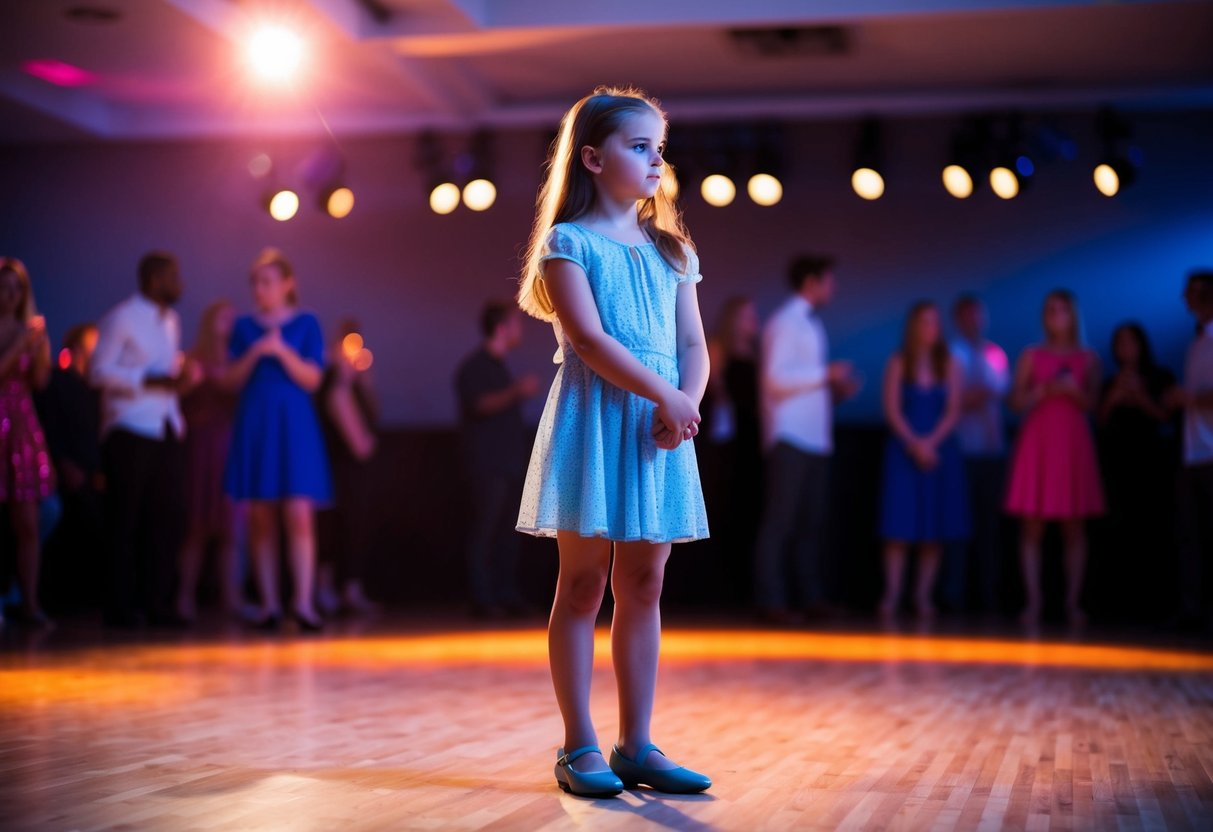 A young girl stands alone on a dimly lit dance floor, looking around with a mix of hope and disappointment