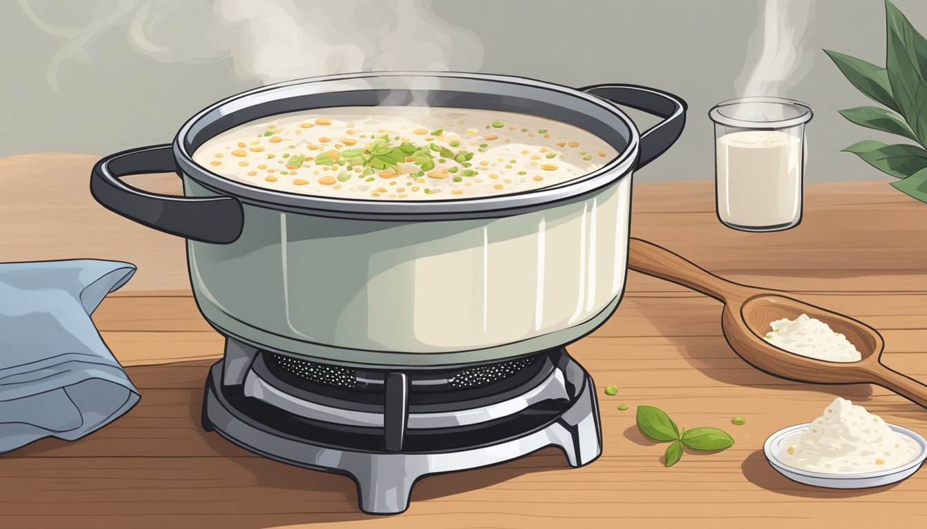 A pot of creamy kheer sits on a stovetop, steam rising as it warms. A wooden spoon rests beside it, ready to stir