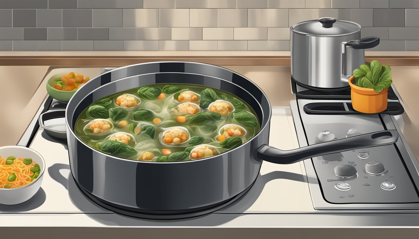 A steaming bowl of Italian wedding soup sits on a stovetop, surrounded by various reheating methods such as microwave, stovetop, and oven