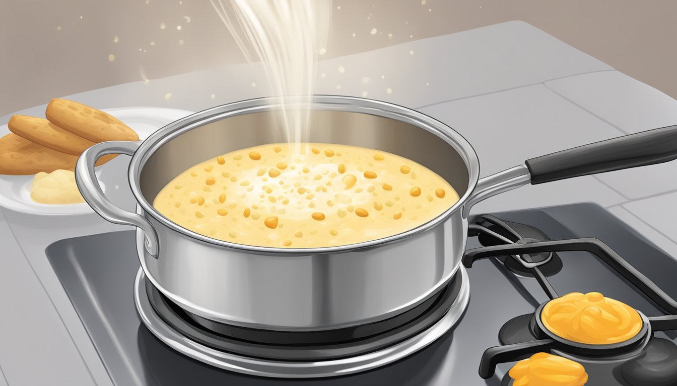 A pot of creamy kheer being gently reheated on a stovetop, steam rising from the surface