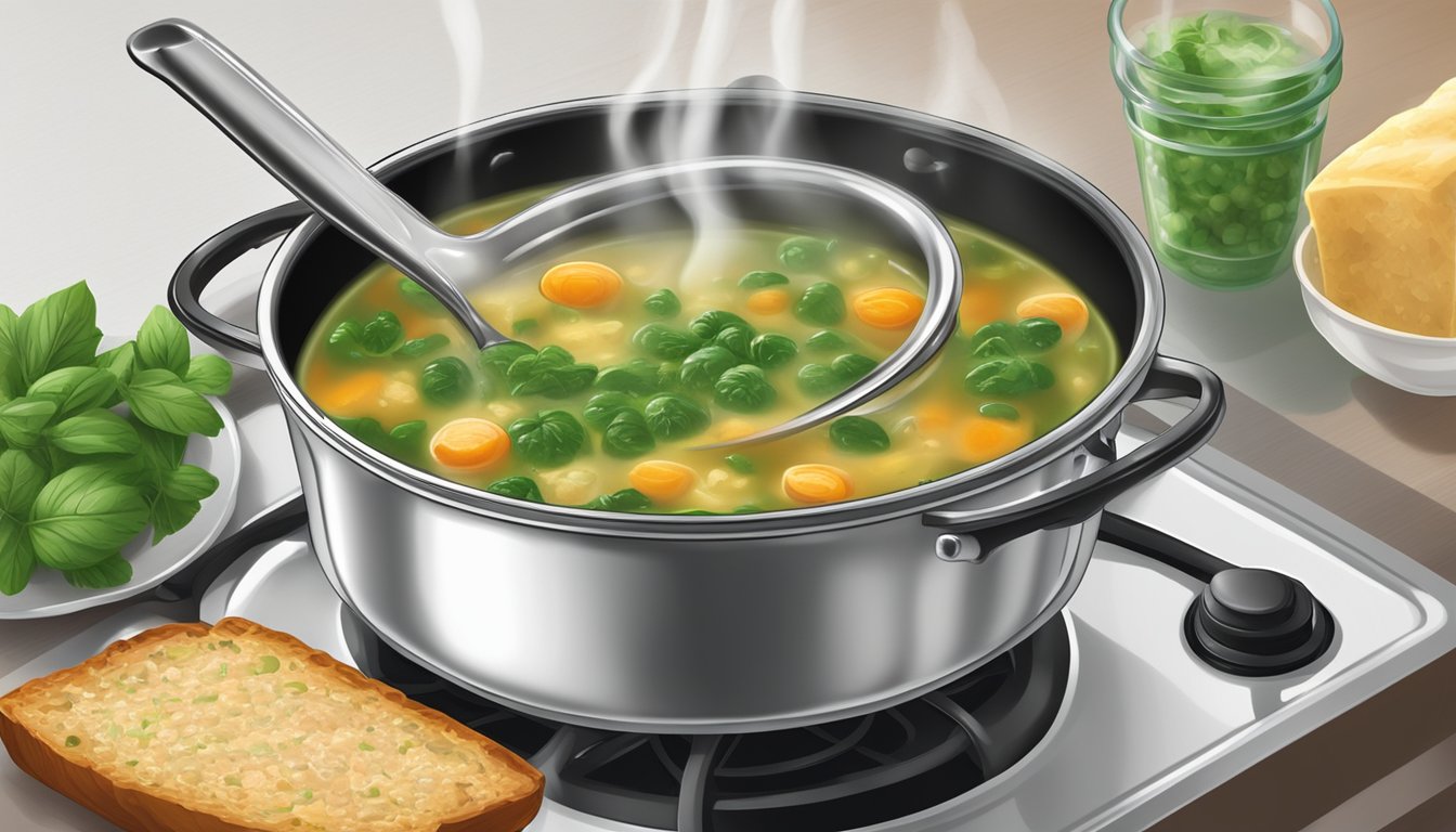 A pot of Italian wedding soup simmering on a stovetop, steam rising from the bubbling liquid, with a ladle resting on the edge of the pot