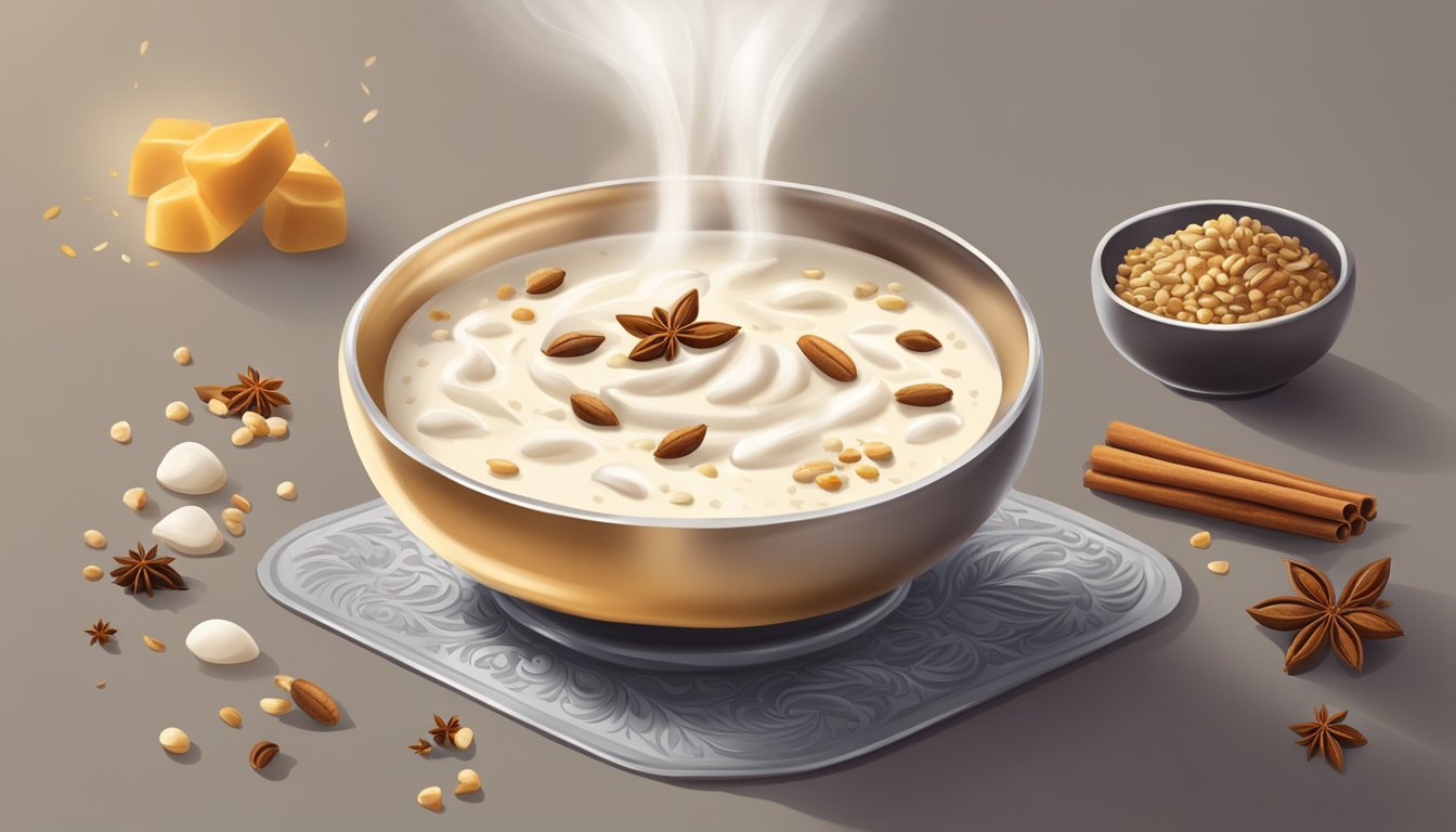 A bowl of kheer being gently reheated on a stovetop, with a creamy texture and aromatic spices wafting in the air