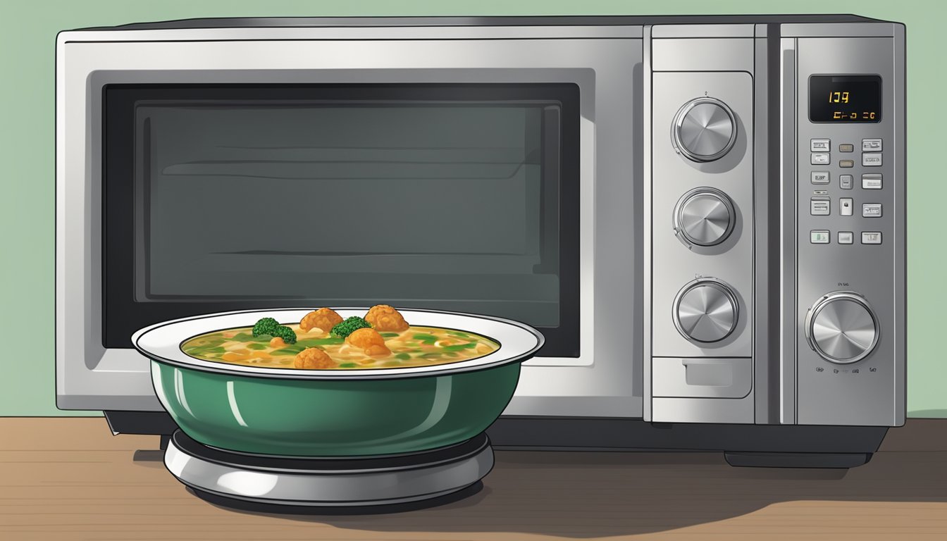 A microwave with a bowl of Italian wedding soup inside, rotating on the turntable as it heats up