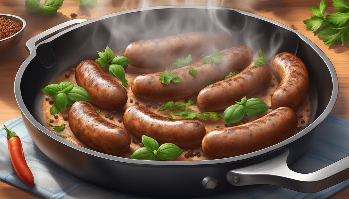 Italian sausage sizzling in a hot skillet, steam rising as it cooks, surrounded by the aroma of herbs and spices