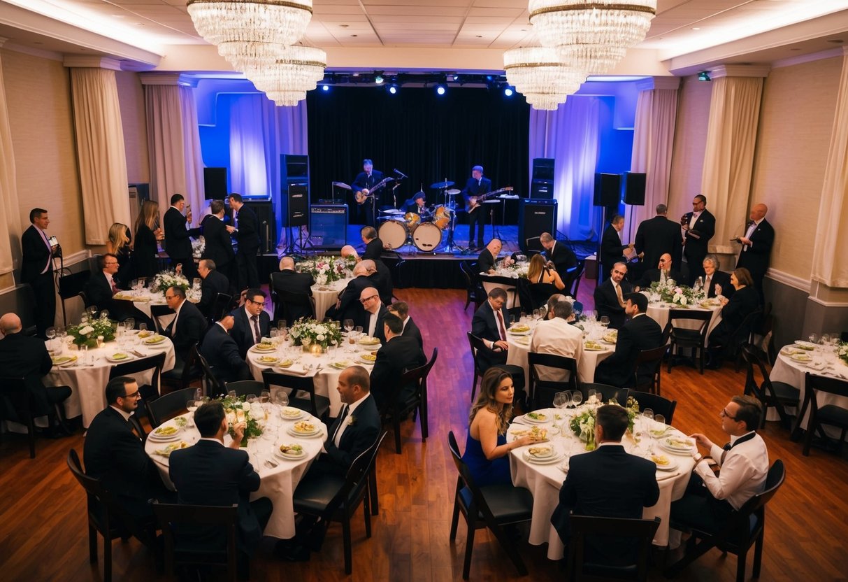 Guests mingle in a decorated venue with tables set for dining. Staff prepare food and drinks while a band sets up on stage