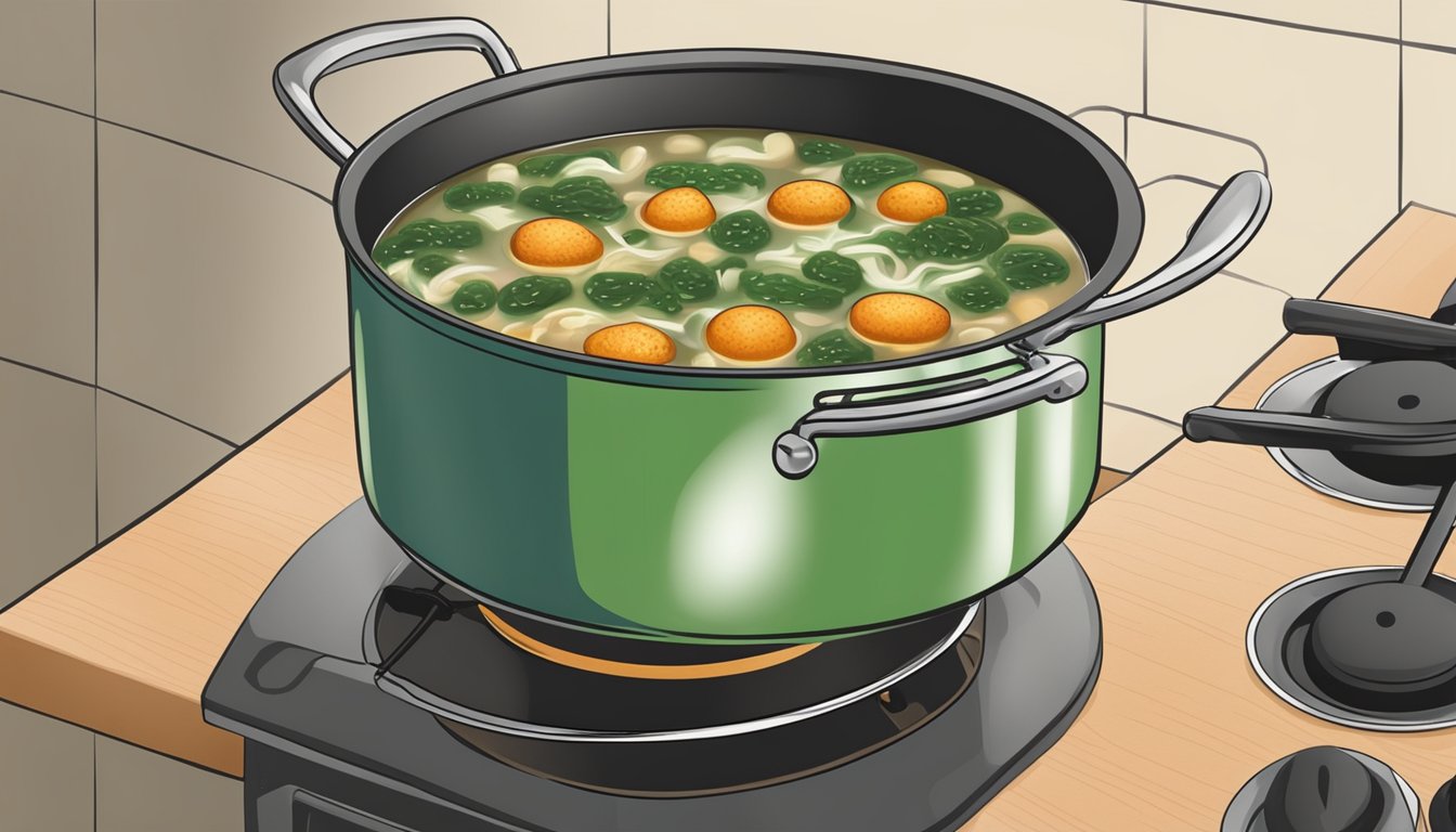 A pot of Italian wedding soup being gently reheated on a stovetop