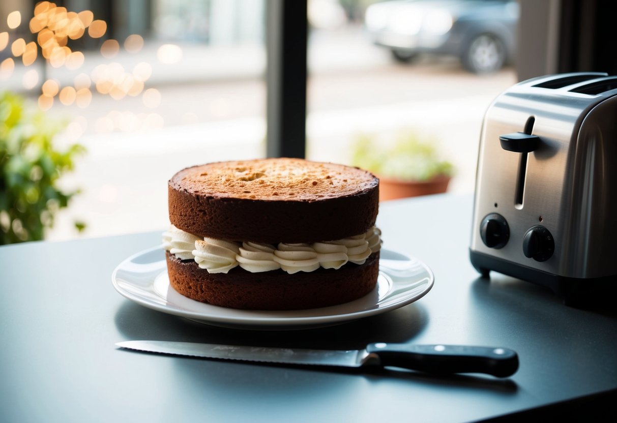 A cake sits on a table, a knife beside it. The cake is uncut, but a toaster is nearby, indicating the option to toast it