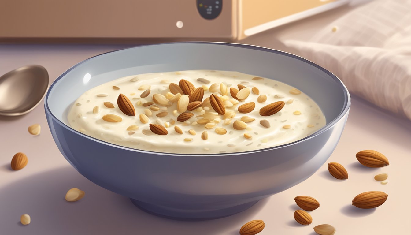 A bowl of kheer being gently reheated in a microwave, with a sprinkle of cardamom and chopped nuts on top