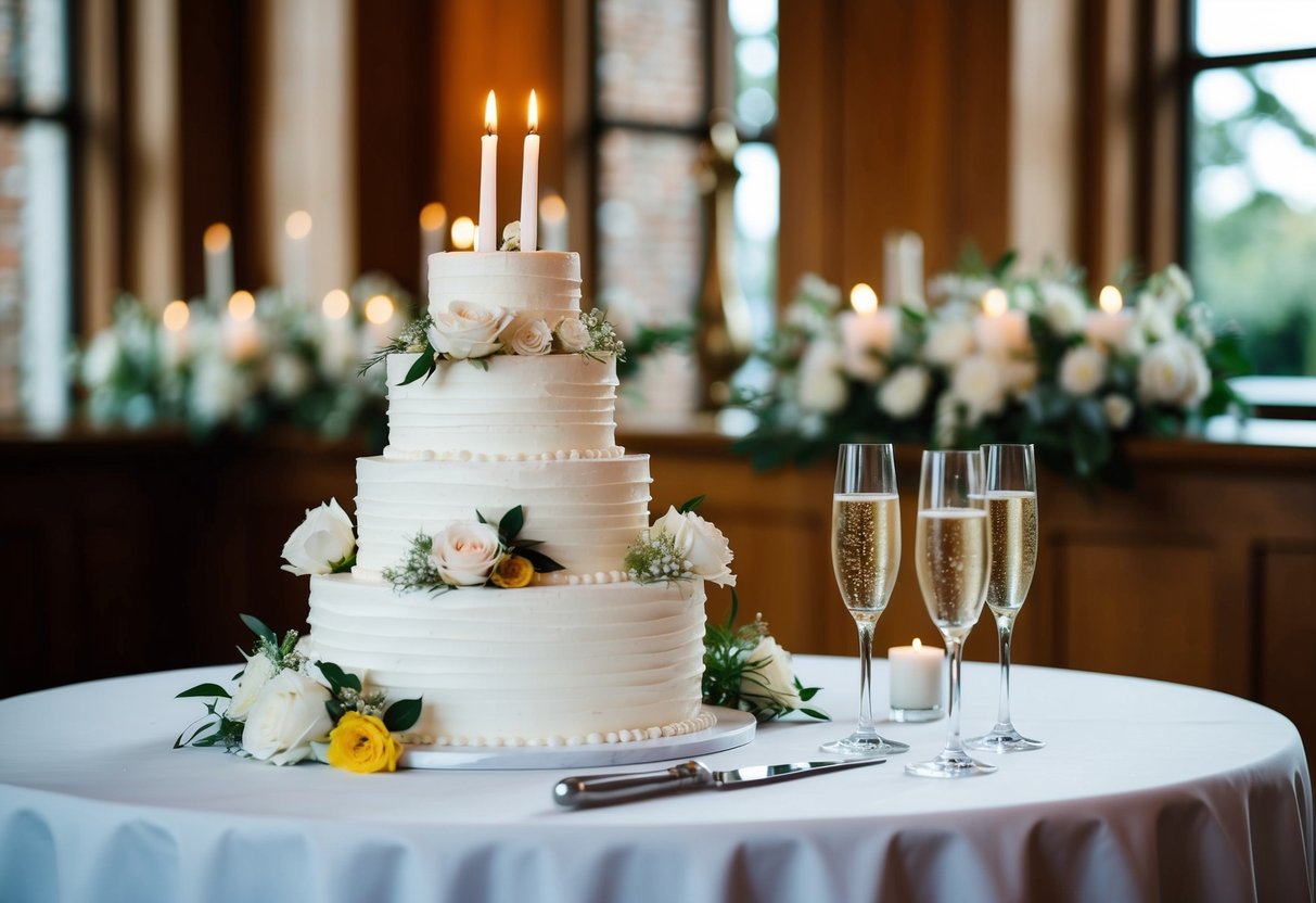 A wedding cake sits on a table, adorned with flowers and candles. A knife and champagne glasses are nearby, ready for the tradition of cake cutting