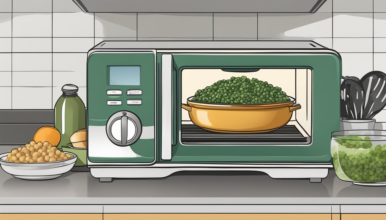 A steaming bowl of Italian wedding soup sits on a stovetop, surrounded by various reheating options such as a microwave, stovetop pot, and a toaster oven