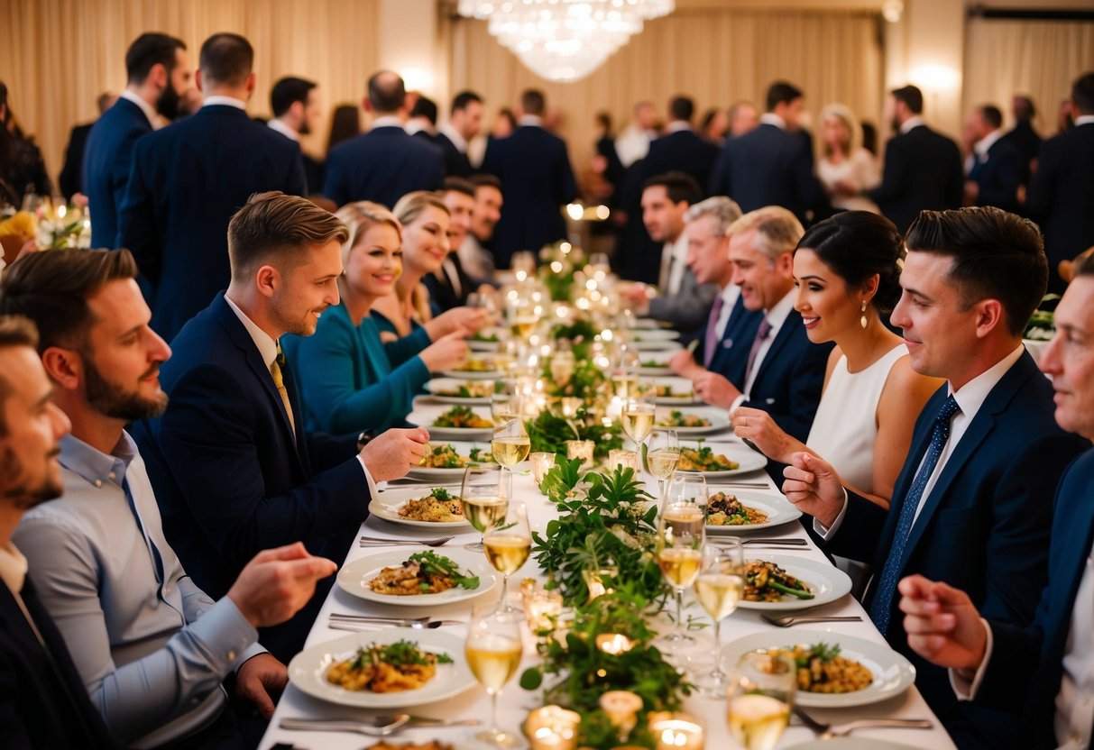 Guests gather around tables, eagerly eyeing the array of plated dishes. The aroma of the food fills the air as the first table is called to begin their meal