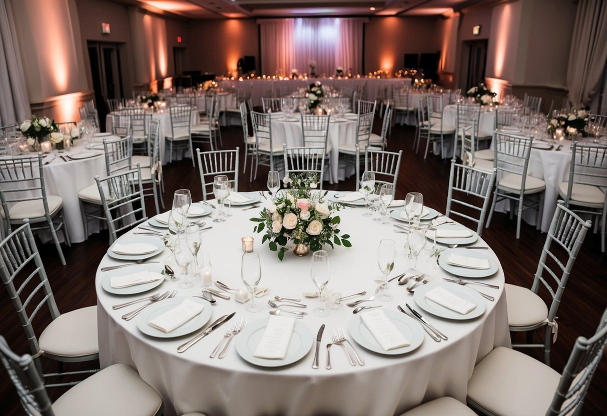 The bride and groom's table is set with elegant place settings and a floral centerpiece, while the rest of the guests' tables are arranged neatly around the dance floor