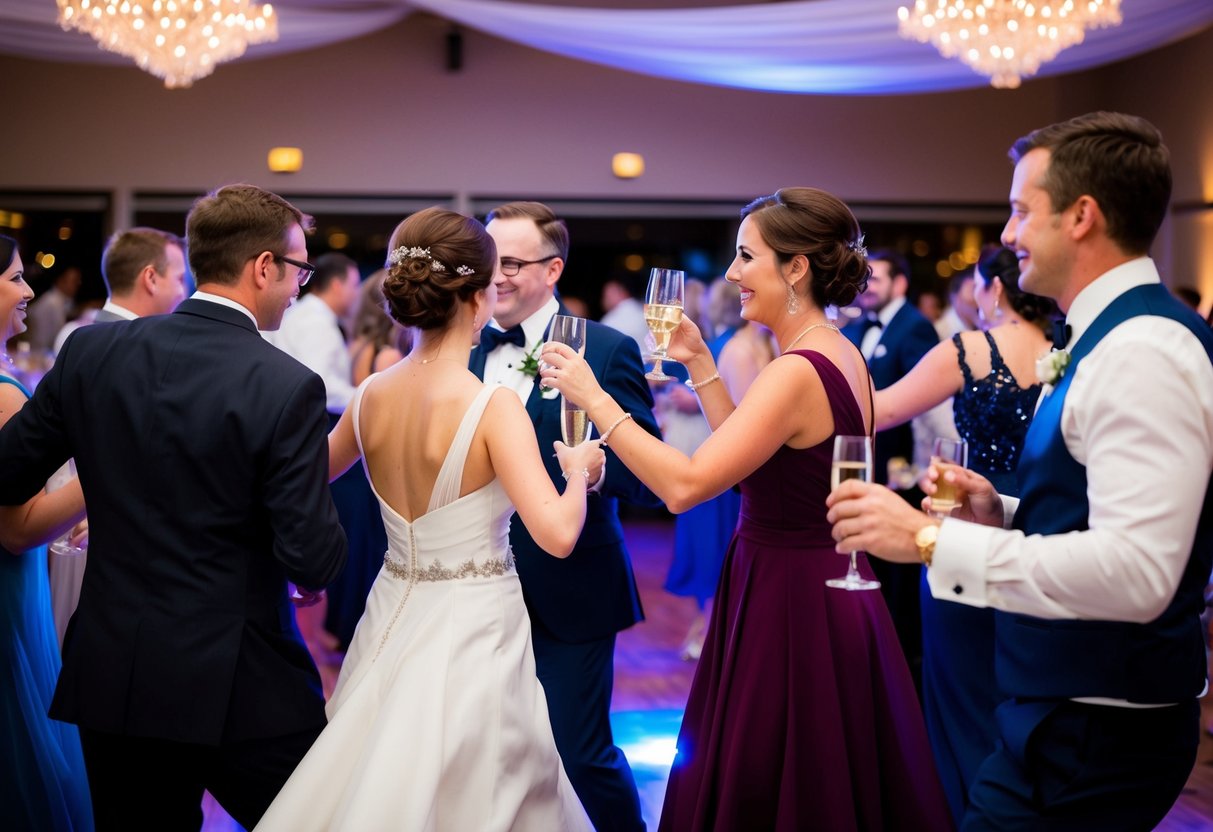 Guests mingling, clinking glasses, and dancing on a decorated dance floor as the evening progresses from dinner to speeches to the final farewell
